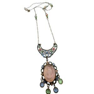 Vintage Signed Glass Works Studio Molded Glass Silhouette and Enamel Necklace